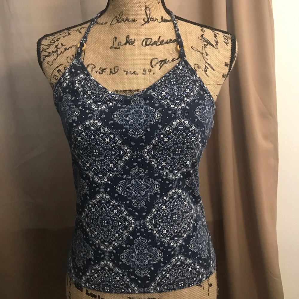 Pretty blue print halter top w/ built-in bra